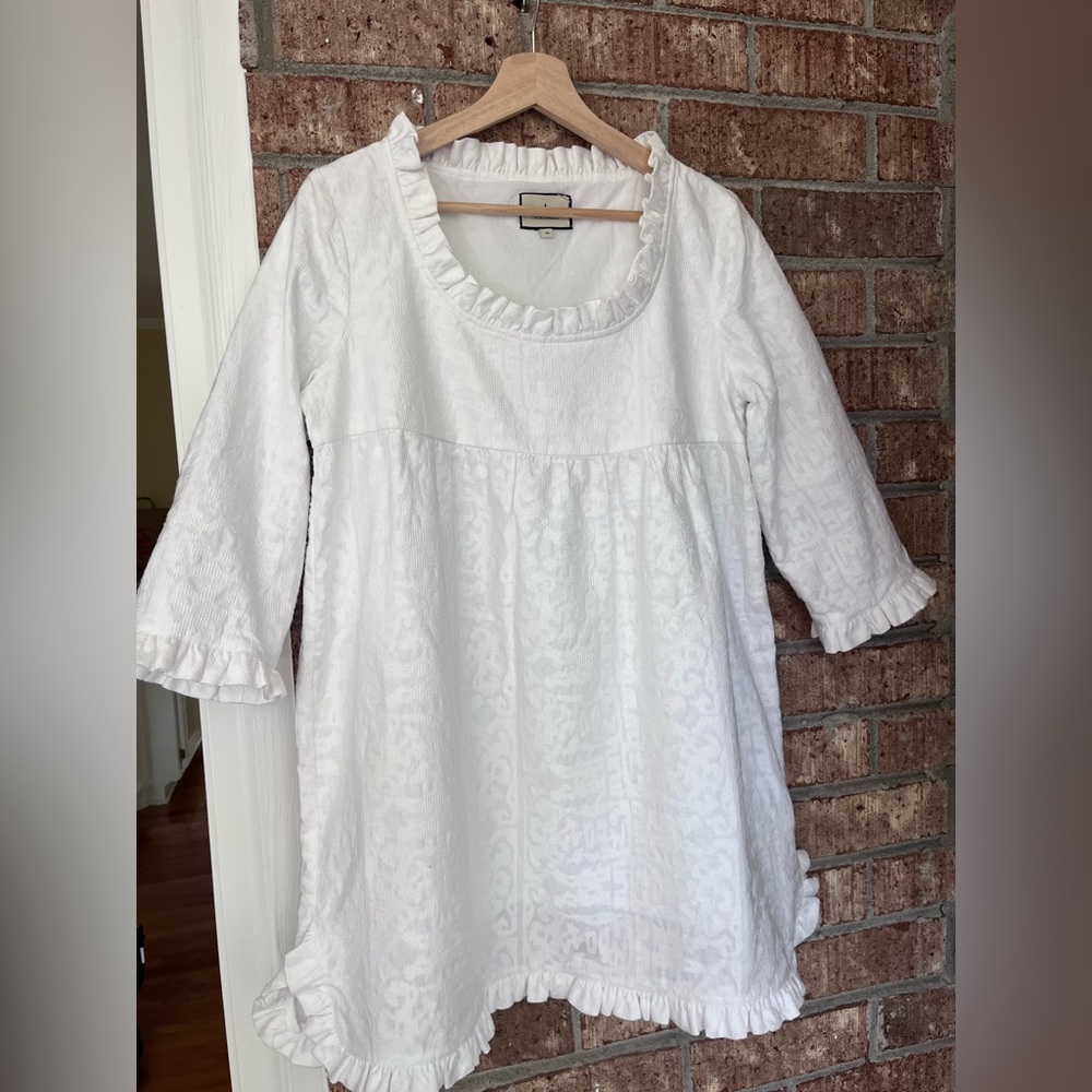 Tuckernuck Clara White Mini Dress Ruffle Cross Stitch Empire Medium - Picture 3 of 8